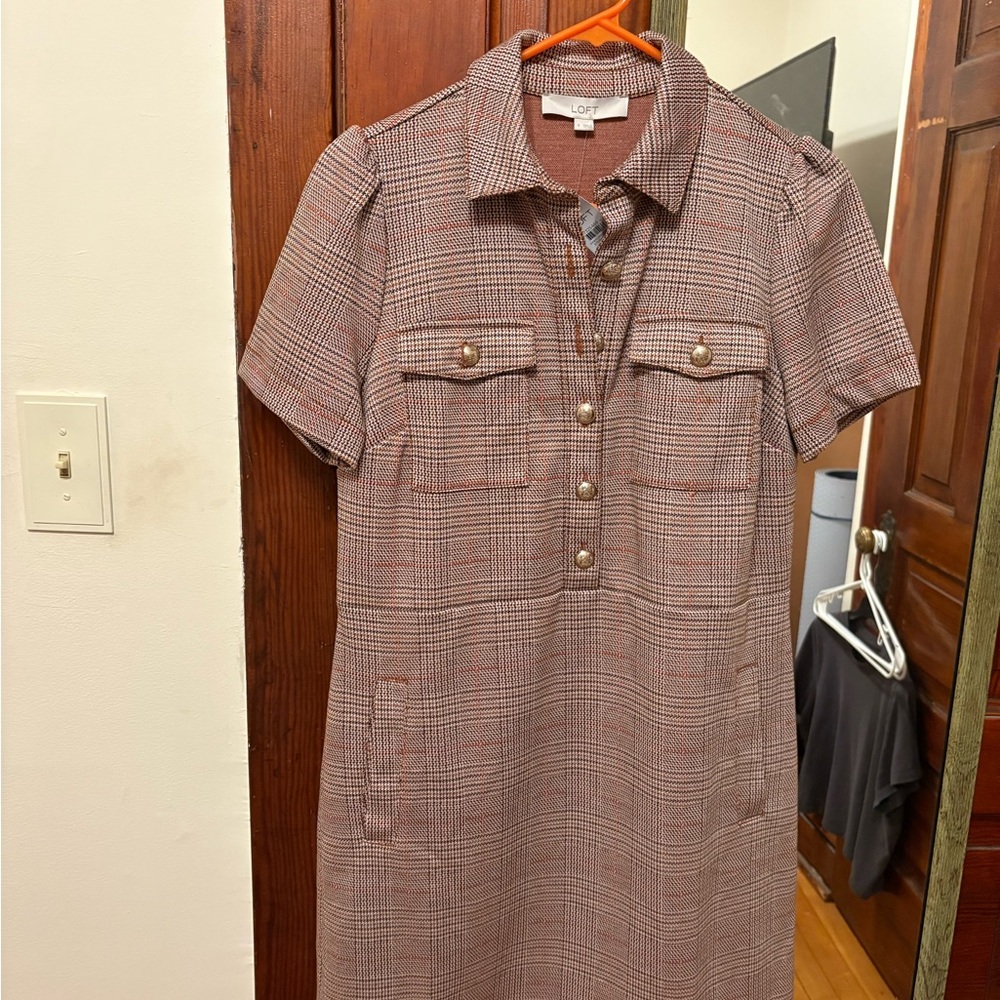LOFT Button-Front Plaid Dress - Brown